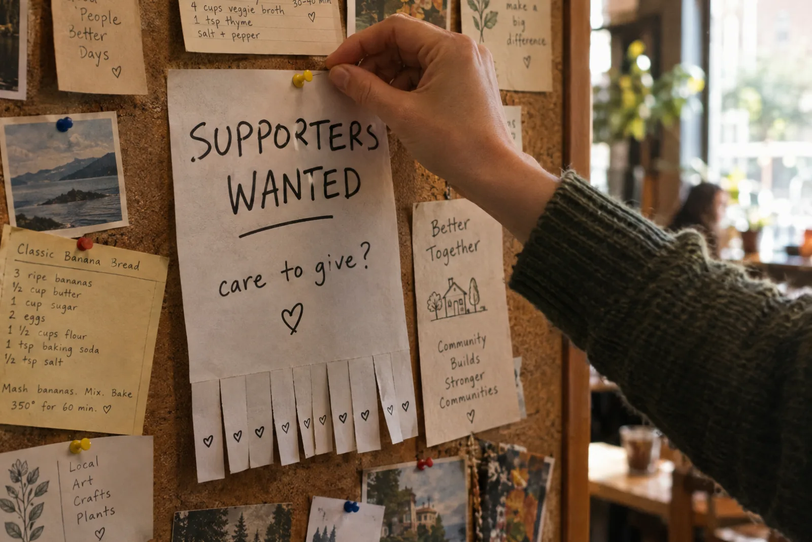 A hand pinning a handwritten ‘Supporters wanted — care to give?’ flyer with tear-off tabs to a café noticeboard